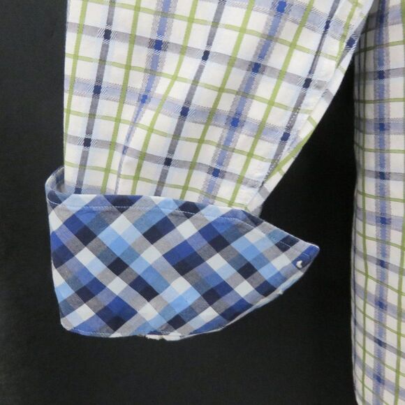 Thomas Dean Blue Green Plaid Shirt LS  Flip Cuff - Picture 7 of 8